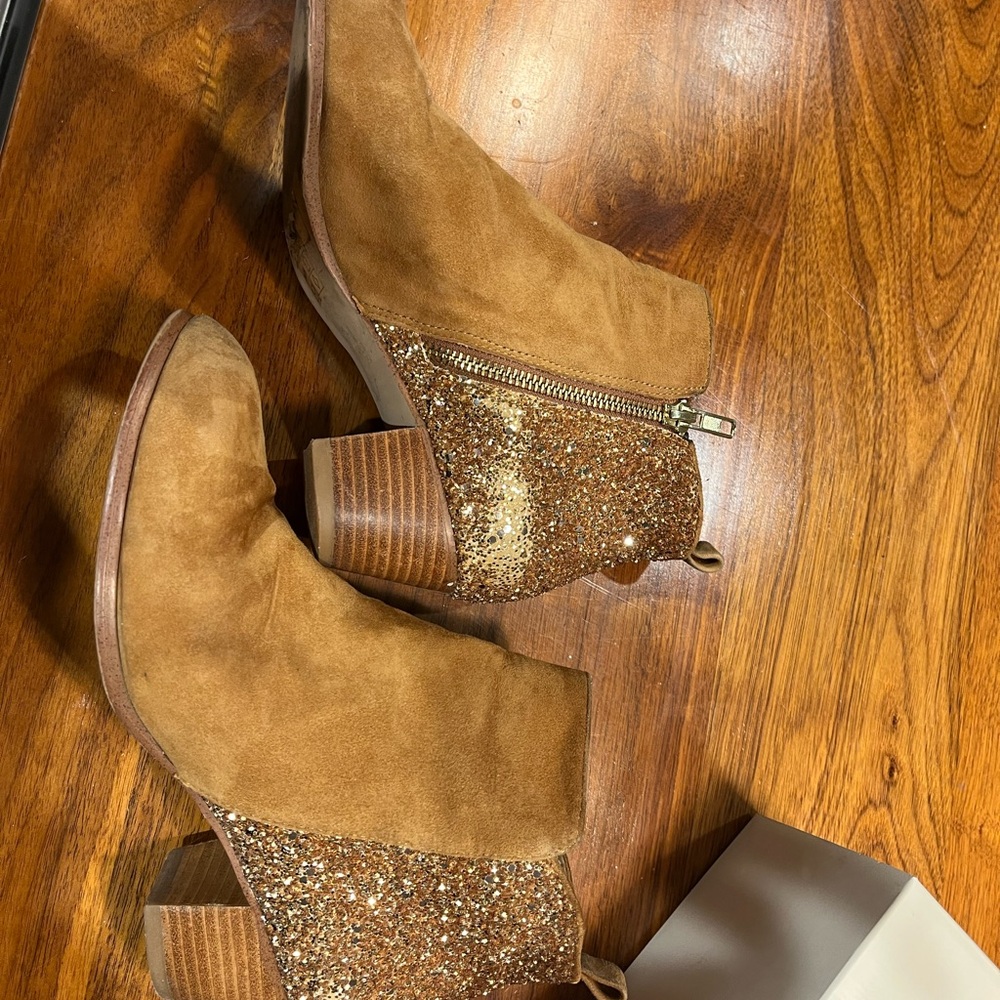 Anthropologie Glitter Heel Tan Ankle Boots - Picture 3 of 5